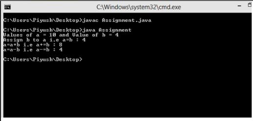 This image describes a output sample program of arithmetic operators in java.